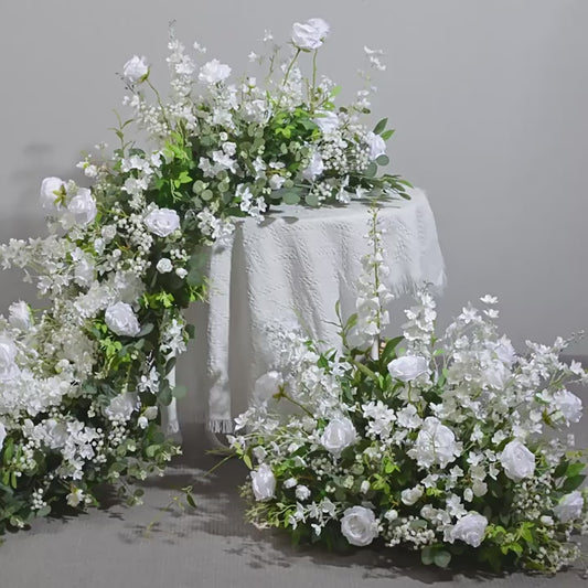 DWD067 Artificial green plant white flowers table runner floor row wedding party floral backdrop