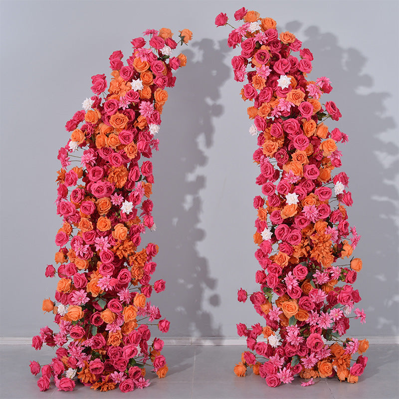 DWD191 Artificial 210+230cm hot-pink orange rose horn arch background wedding floral arrangement porch decor