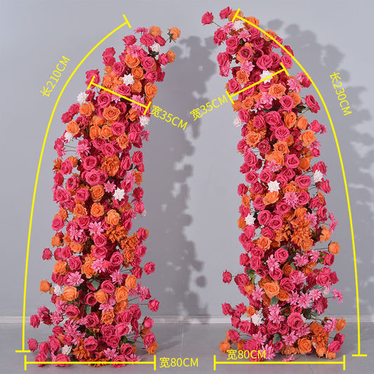 DWD191 Artificial 210+230cm hot-pink orange rose horn arch background wedding floral arrangement porch decor