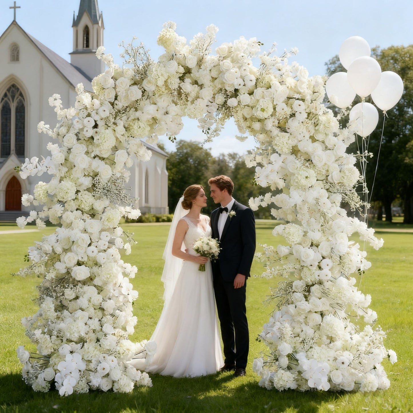 DWD222 2m Wide × 2.4m Tall White Rose Cherry-blossoms Babybreath Floral Wedding Arch | Full Bloom Ceremony Backdrop Decor
