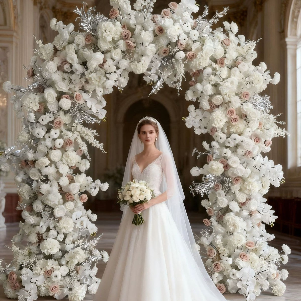 DWD223 2m Wide × 2.4m Tall Blush & White Floral Wedding Arch | Romantic Ceremony Backdrop Decor
