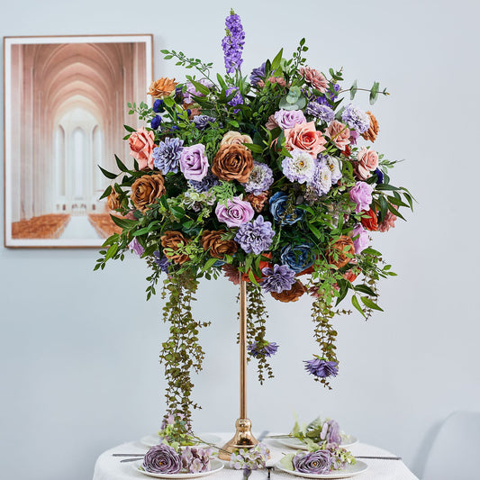 DWD228 60cm Wide 70cm Tall Moody Purple & Rust Floral Centerpiece | Cascading Wedding Table Decor