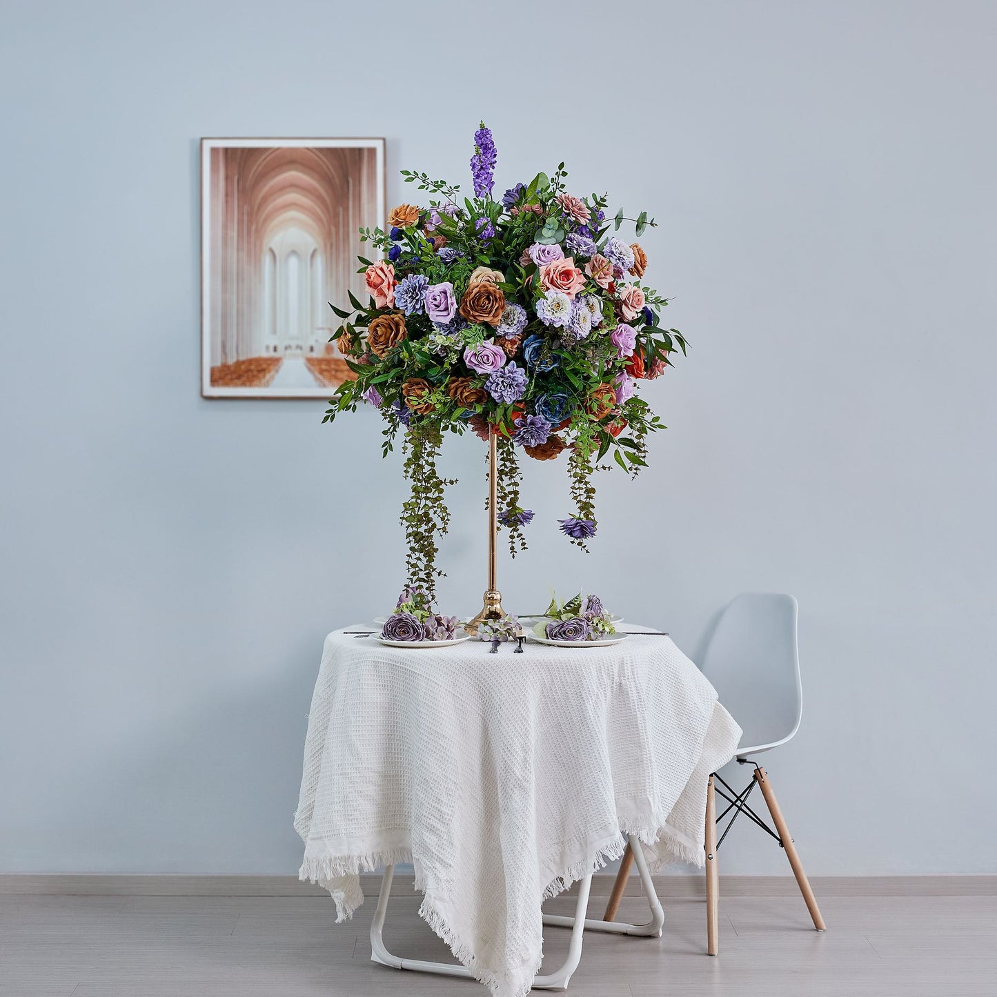 DWD228 60cm Wide 70cm Tall Moody Purple & Rust Floral Centerpiece | Cascading Wedding Table Decor