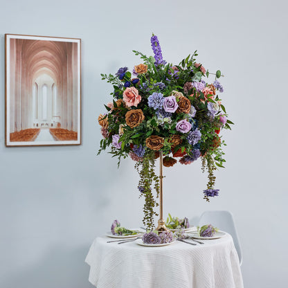 DWD228 60cm Wide 70cm Tall Moody Purple & Rust Floral Centerpiece | Cascading Wedding Table Decor