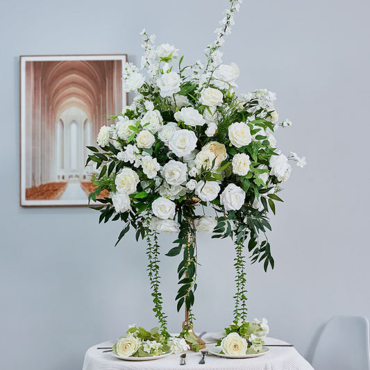 DWD229 60cm Diameter 70cm Tall White Floral Centerpiece | Cascading Wedding Table Decor with Gold Stand