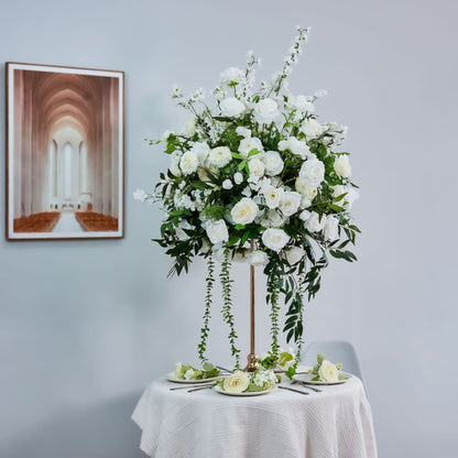 DWD229 60cm Diameter 70cm Tall White Floral Centerpiece | Cascading Wedding Table Decor with Gold Stand