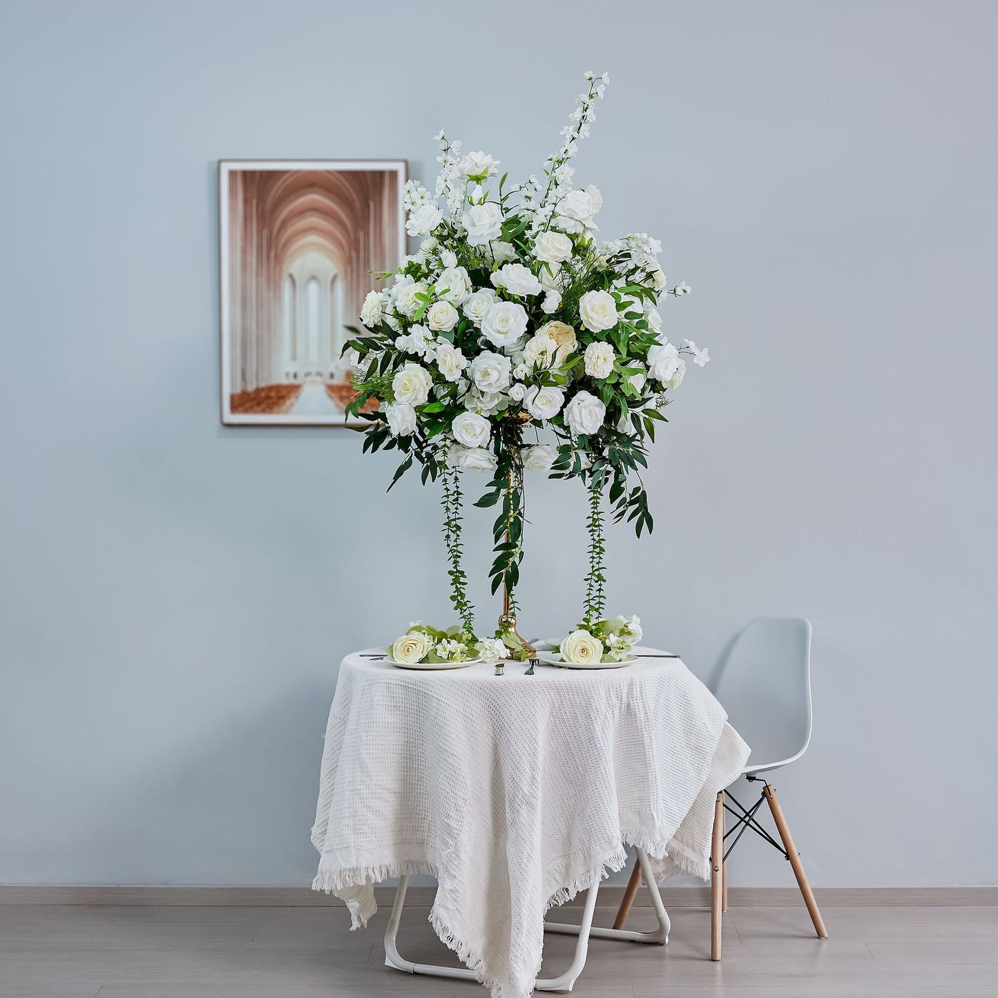 DWD229 60cm Diameter 70cm Tall White Floral Centerpiece | Cascading Wedding Table Decor with Gold Stand