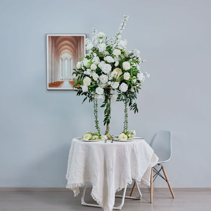 DWD229 60cm Diameter 70cm Tall White Floral Centerpiece | Cascading Wedding Table Decor with Gold Stand