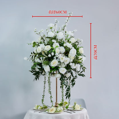 DWD229 60cm Diameter 70cm Tall White Floral Centerpiece | Cascading Wedding Table Decor with Gold Stand