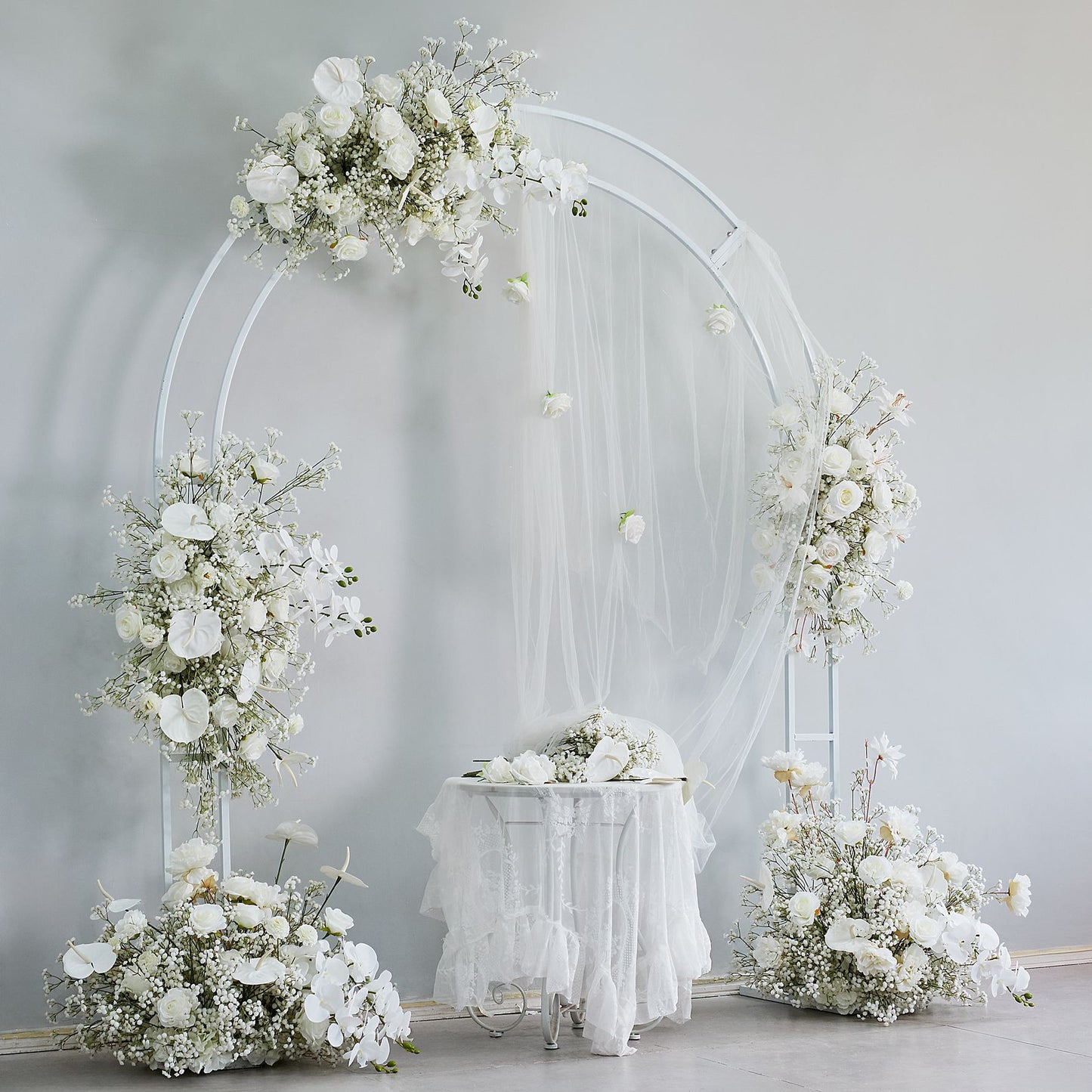 DWD232 White Baby's Breath Floral Arch Set - Wedding Backdrop Decor Kit for Ceremony/Reception