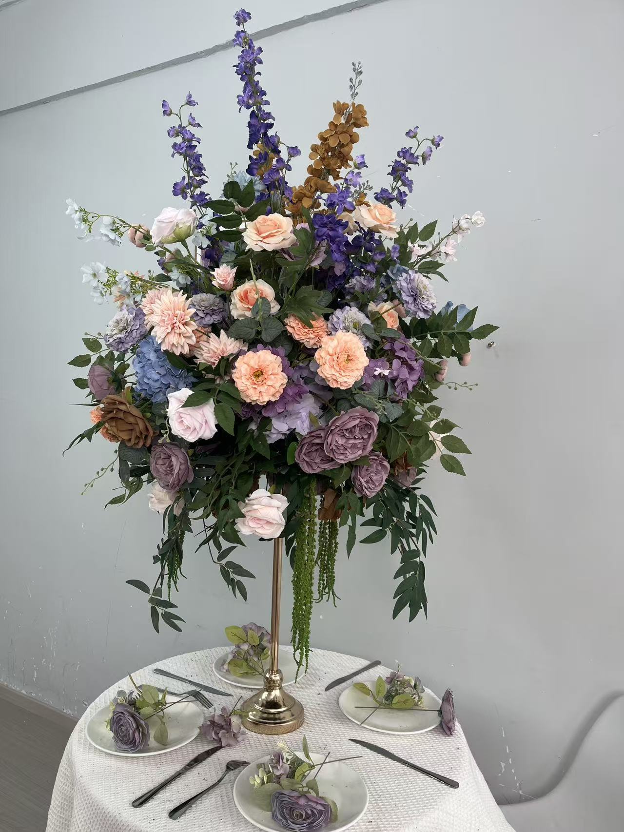 DWD237 Bohemian Blue & Purple Floral Centerpiece - 70CM Tall Wedding Table Arrangement (Diameter 60CM)