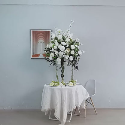 DWD229 60cm Diameter 70cm Tall White Floral Centerpiece | Cascading Wedding Table Decor with Gold Stand